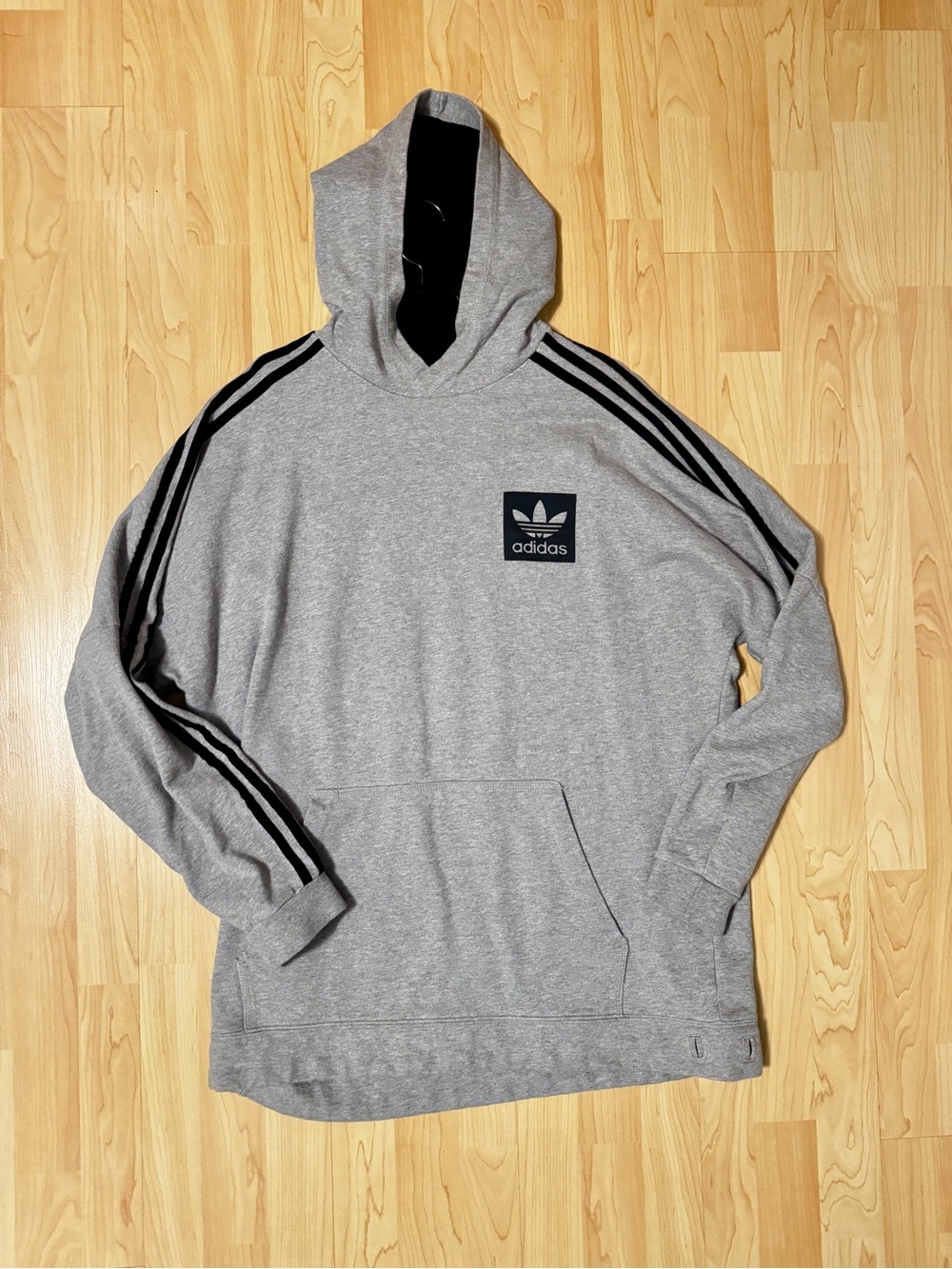 adidas Gray Hooded Sweatshirt with Black Three-Stripe Detail